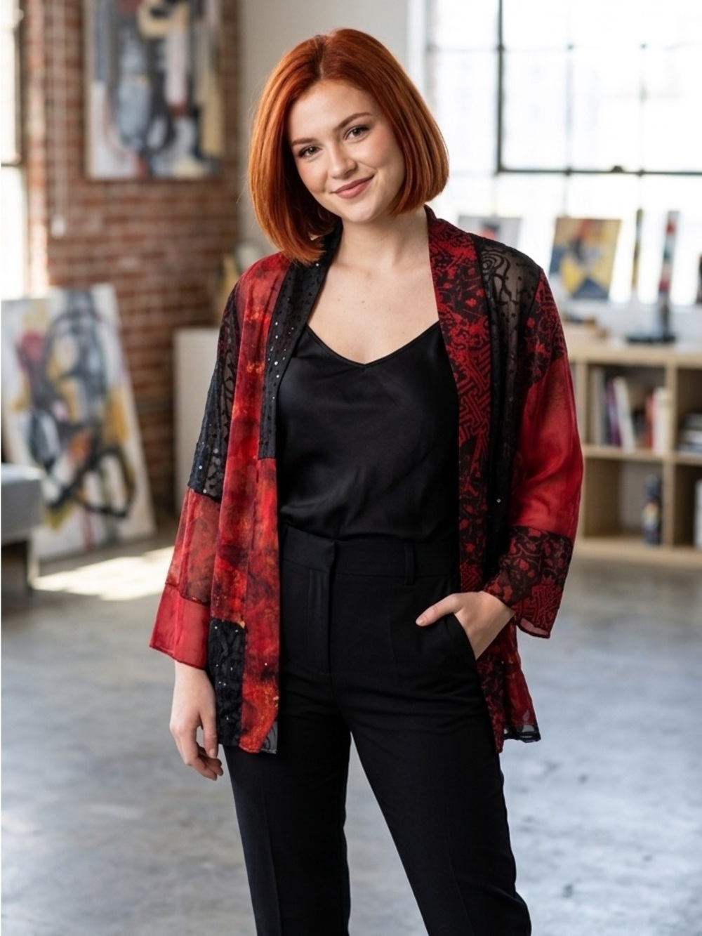 CHICO'S Silk Blend Patchwork Kimono Jacket Red Black‎ Sequin Embroidered Boho M